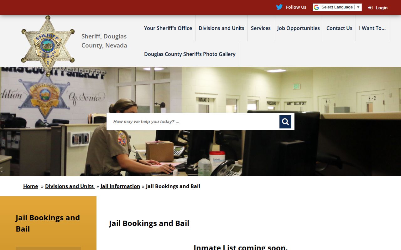 Douglas County Sheriff jail bookings and bail page showing the inmate list notice