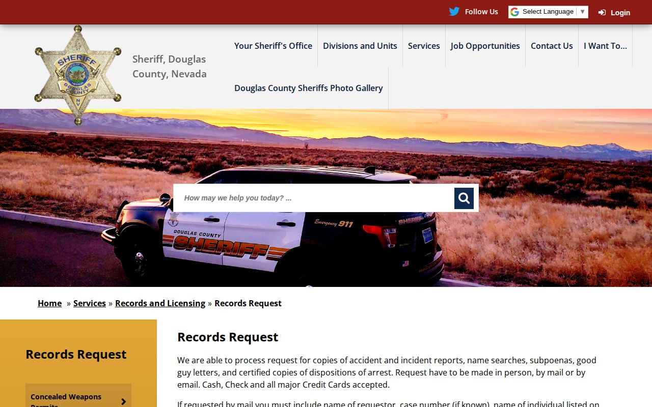 Douglas County Sheriff Records Request webpage