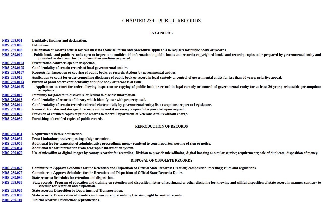 Nevada Legislature page for NRS Chapter 239